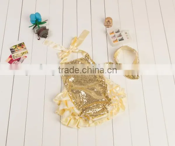 2017 New Product Wholesale Boutique Solid Shiny Romper, Bow-Knot Hairband Baby Adorable Girls Summer Clothes photo-2