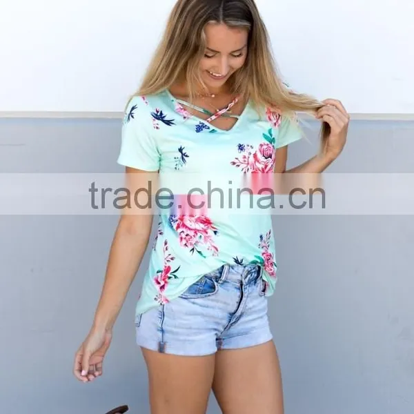 Customize t Shirt Cheap Criss Cross Fancy Floral Tunic Tops photo-2