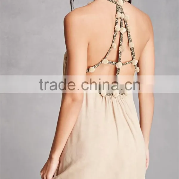 Good Quality V-neckline Embroidered Detailing Pom Pom Halter Dress photo-5