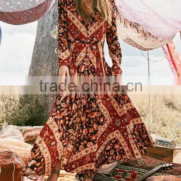 Bohemian Front Button Down Vintage Long Sleeve One Piece Maxi Dress HSd5170 photo-3