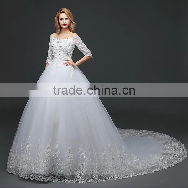MGOO Elegant Old Castle Long Tail Wedding Dress Lao White Embroidery Off Shoulder 3/4 Long Sleeves Dress photo-3