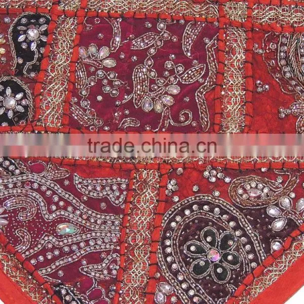 Elegant Red Decorative Living Room Square India Inspired Floor Pillow Cover photo-3
