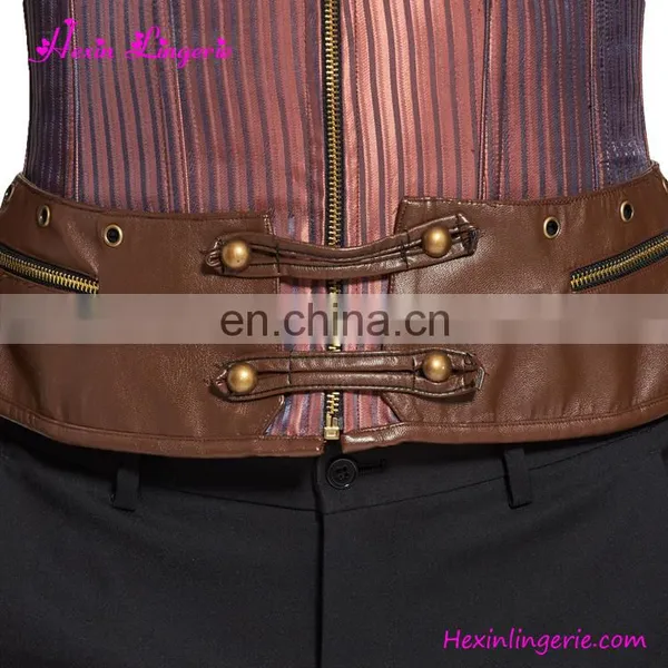 Fashionable Brown 8 Steel Boned Mens Zipper Two Pockets Locking Corset Wholesale photo-5