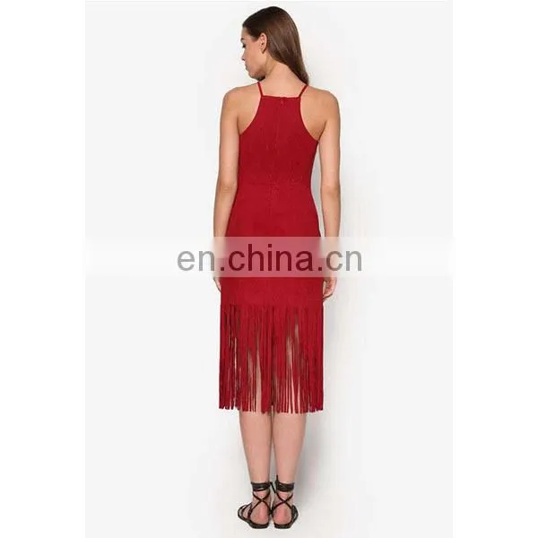 Love Suede Fringe Hem Dress Square Neckline Sleeveless Fashion Apparel Women Dresses Sexy photo-4