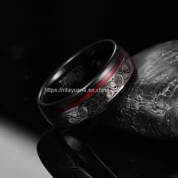 2019 NUNCAD 8mm Wide Tungsten Steel Ring Plating Black Inlay Triple Spiral Pattern+Red Guitar String Tungsten Carbide Ring T229R photo-4