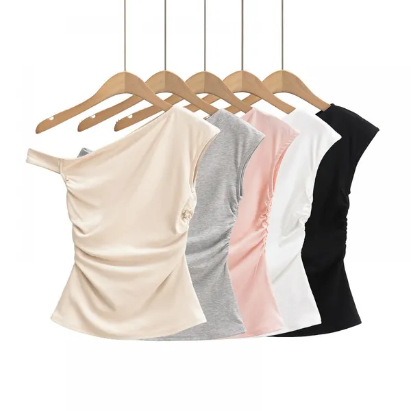 Sunset Women's Summer Vest 2025 Spring and Summer Design Sense Oblique Shoulder Fold Waist Irregular T-shirt Top Women photo-2