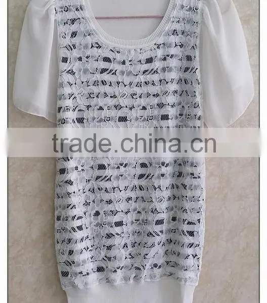 Sweet Stripe Knitting Wear Short Sleeve Lace Stitching T-shirt