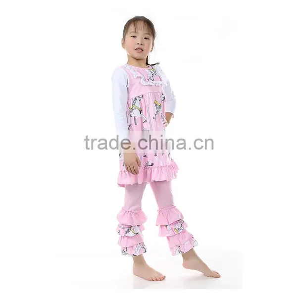 2016 New Pink Spring/summer Baby Girl Knitted Cotton 2pcs Boutique Clothing Set Lovely Baby Girl Spring Ruffle Pants Outfit photo-3