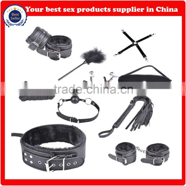 10pcs Leather Fetish Sex Toy Bed Resistant Black Male Bondage Kit