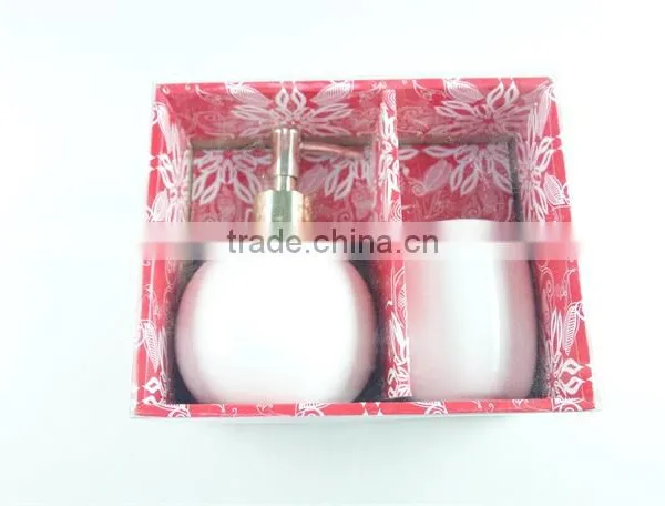 White Ceramic Bathroom Accessories Set 2 / Lotion Dispenser & Tumbler With Color Gift Box photo-2