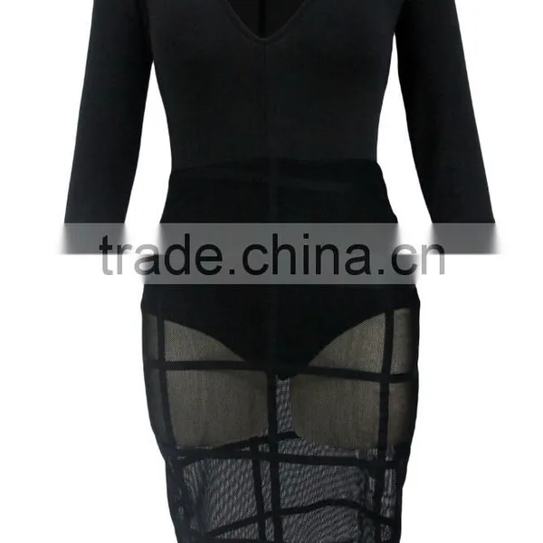 Women Long Sleeve Deep V Neck Sheer Mesh Bodycon Bodysuit Dress Club Party photo-3