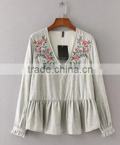 Runwaylover EY2365B New Fashion 2017 Ladies Deep V-Neck Embroidery Blouse photo-4