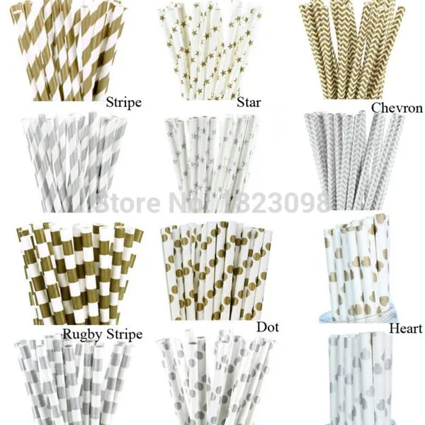 Ningbo PartyKing 25pcs Pack Metallic Gold Heart Stars Foil Stripe Paper Straws Gold Foil Stripe Paper Straws Silver Foiled Stripe Chevron photo-2