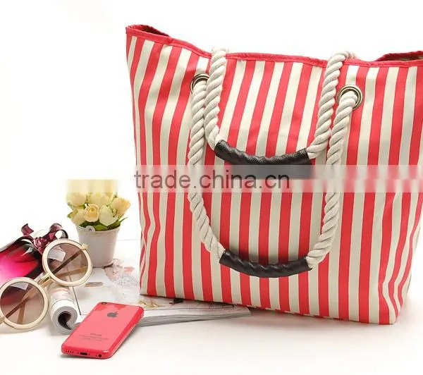 Wholesale Red and White Vertical Stripes Canvas Beach Tote Bag; Red and White Striped Large Canvas Beach Tote Bag