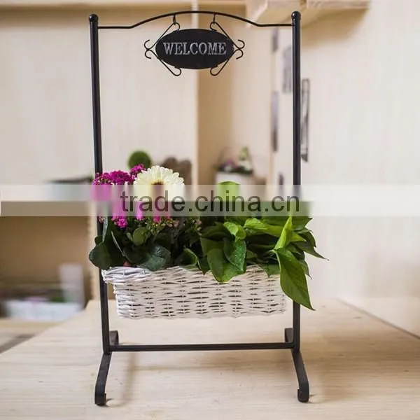Indoor Decor Iron Stand Hanging Wicker Woven Flower Basket