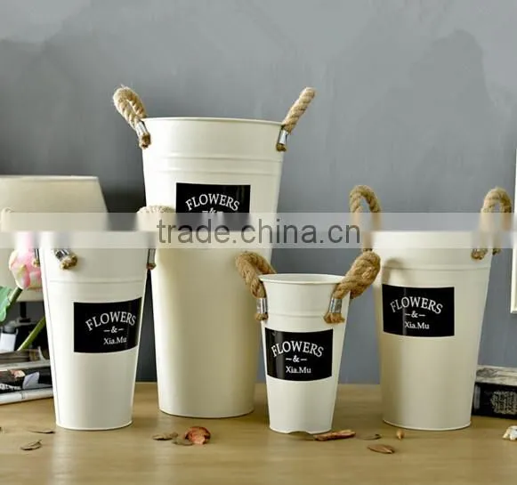 Rustic Metal Galvanized Flower Plant Pot With Hemp Rope Handles photo-2