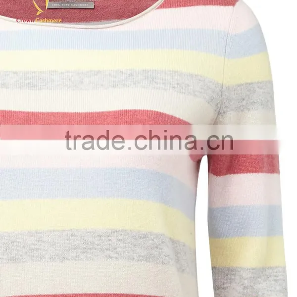 Custom Knitted Women Striped Cashmere Pullover Sweater photo-3