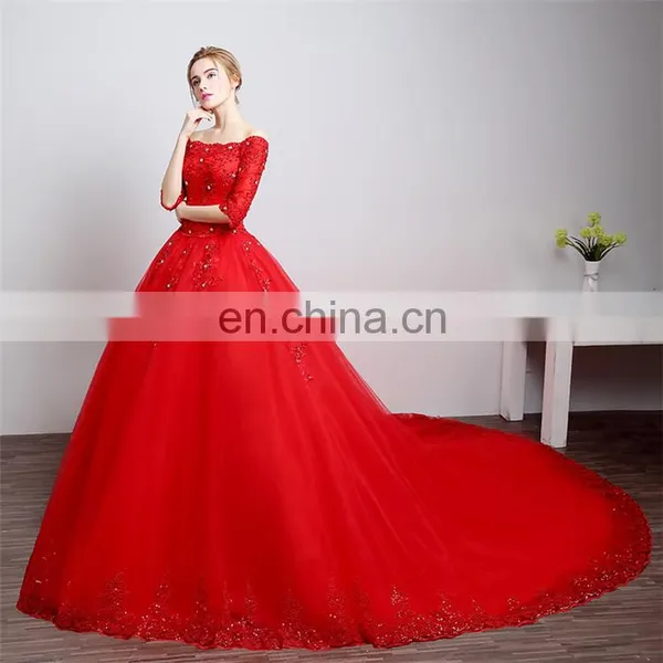 HS1608 Vintage Lace Ball Gown Train Red Wedding Dress photo-4