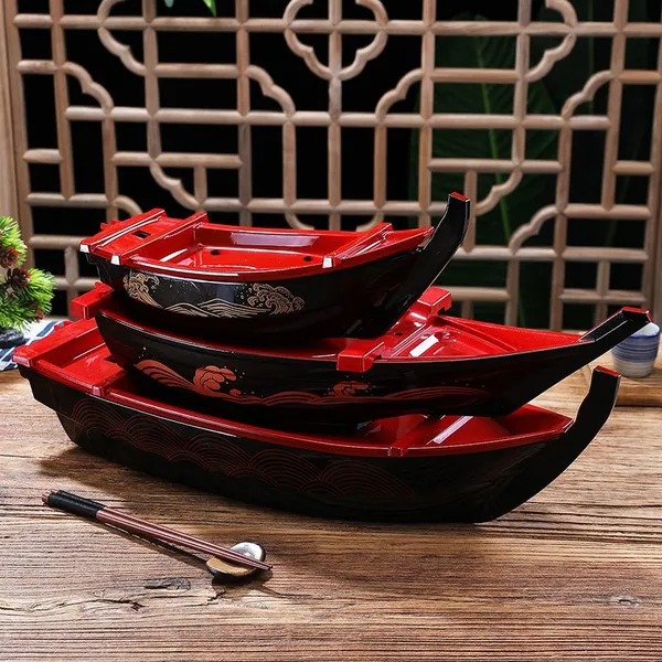 Plastic Lacquered Black Red Color Detachable Sushi Serving Tray Japanese Restaurant Sashimi Sushi Boat Plates