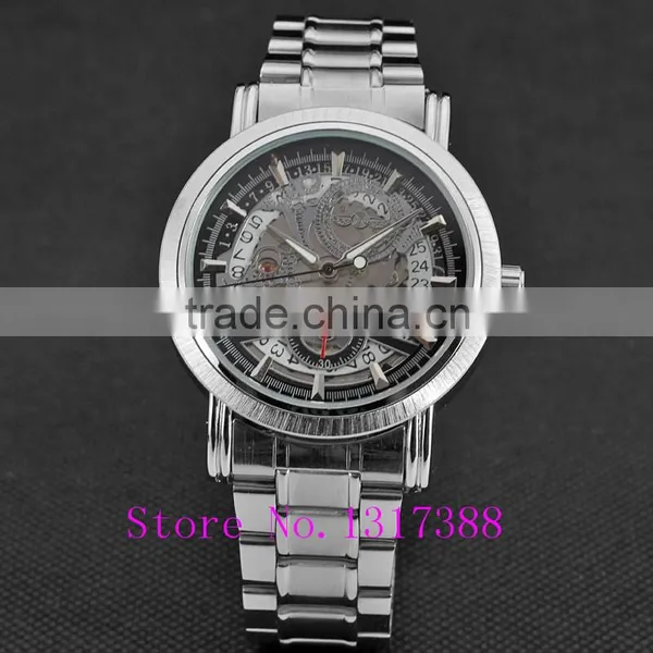 New Fashion Gold Skeleton Watch Men Luury Brand Self Wind Mechanical Wristwatches Male Stainless Steel Analog Clock W125 photo-4