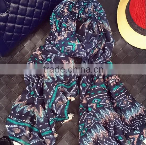 Tassel Aztec Scarf, Blue Scarf Chevron Scarf, Boho Native Southwestern Cotton Scarf, Print Scarf photo-4