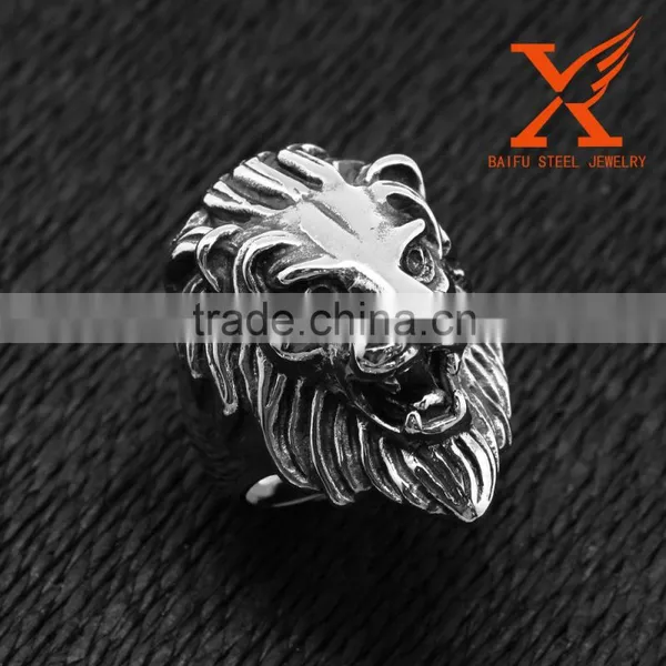 In Stock 2016 Hot Sale Rock and Roll Statement Punk Style Black Silver 316L Stainless Steel Lion Ring