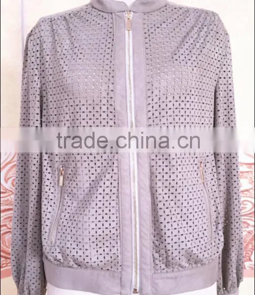 Casual Ladies Pig Suede Jacket Dyed Color and With Beautiful Flower Shaped Hole photo-3