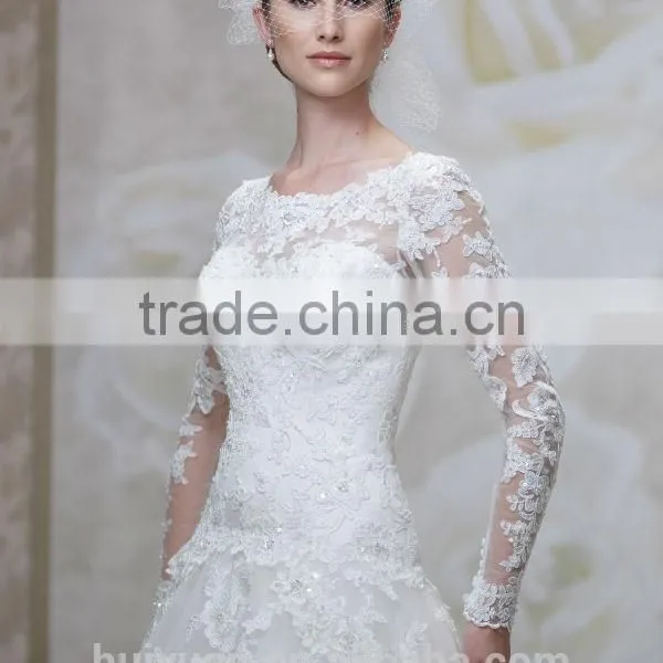 White Satin A-line Long Sleeve Lace Wedding Dress 2016 photo-2