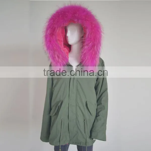 Myfur Long Parka With Rose Hot Pink Raccoon Fur Hood For Ladies photo-2