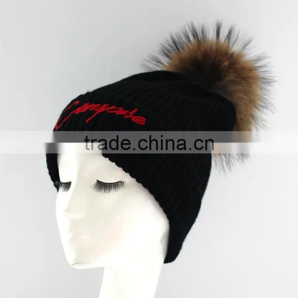 Myfur Letter Embroidery Winter Knitted Beanie Hat Black Unisex Pom Pom Hat photo-4