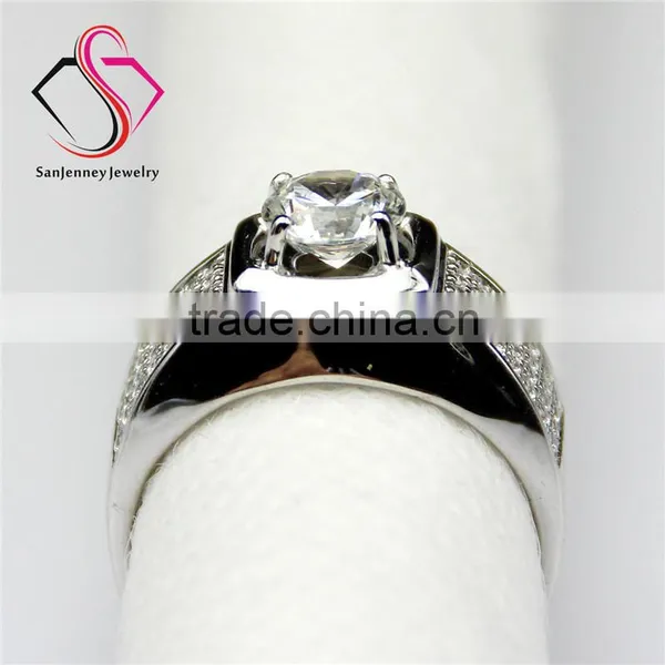 Round Brilliant Cut Moissanite 1CT 6.5mm Center 14k 18k White Gold 4 Row Accents Wide Wedding Band Men's Diamond Band photo-4