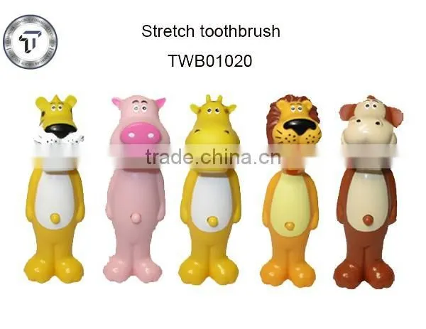 Children stretch out and draw back toothbrush, animal kids toothbrush, bounce up toothbrush