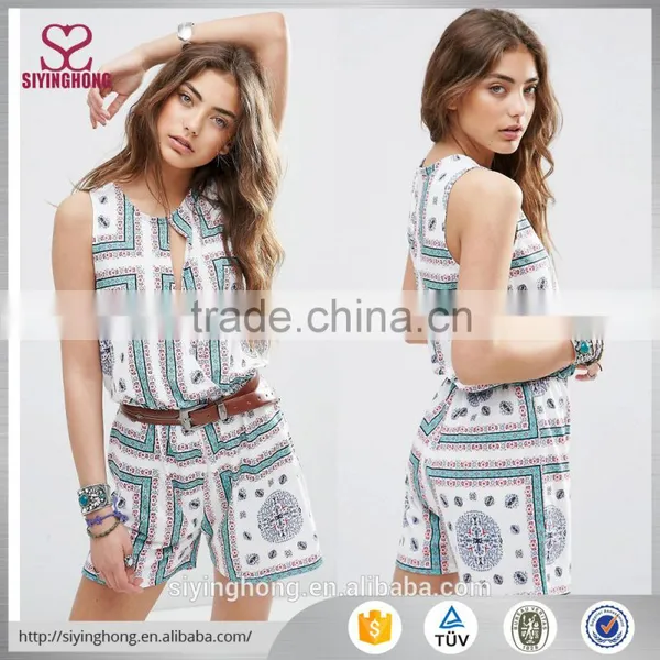 Round Neckline Printed Jersey Blouson Placement Scarf Print Playsuit With Keyhole Romper Womens Playsuit