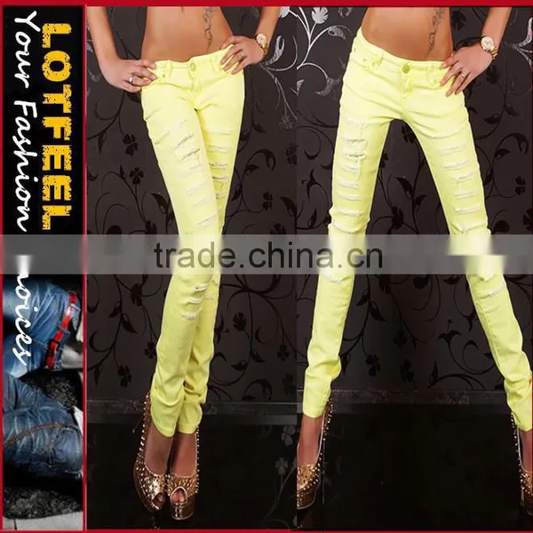 Yellow Destroyed Low Rise Sexy Jeans for Women (LOTX014)