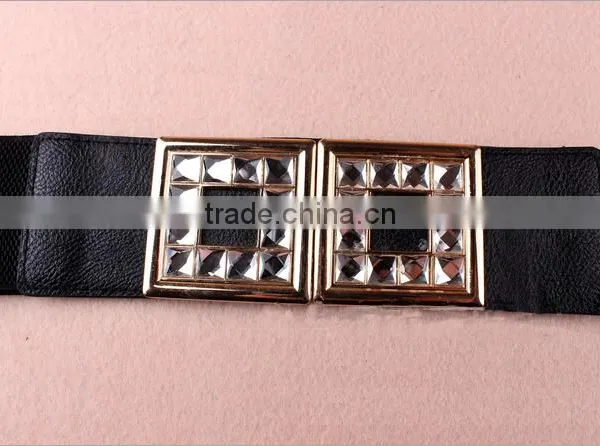 Wholesale Rhinestone Paved Square Pattern Alloy Buckle Sex Women Lady Wide PU Waist Belt photo-2