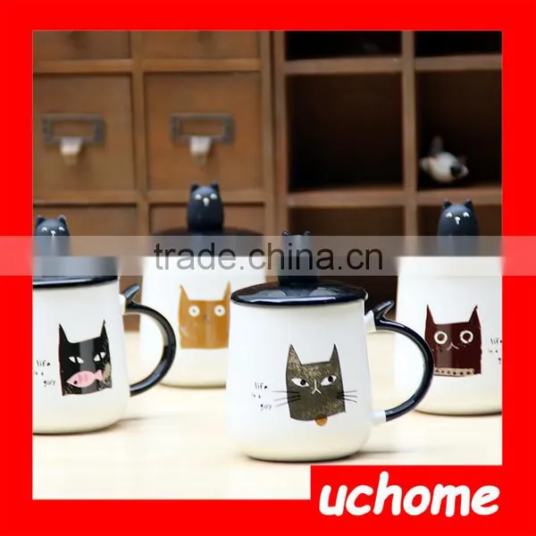 UCHOME Cat Design Ceramic Couple Mugs With Spoon And Lid photo-2