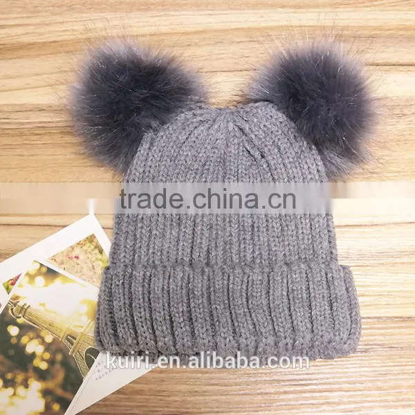 High Quality Cashmere Knitted Hat With Double Fur Poms KR-H010 photo-2