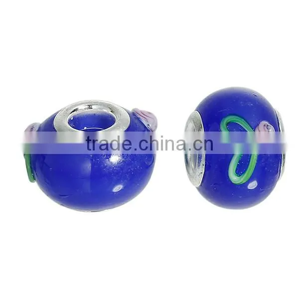 New Design Round Silver Plated Core Deep Blue Flower Pattern Enamel Lampwork Glass European Style Large Hole Charm Beads photo-3