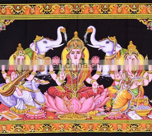 Indian Handmade Ethnic Poster Tapestry Throw Cotton Goddess Lakshmi Design Meditation Wall Hanging Poster photo-2
