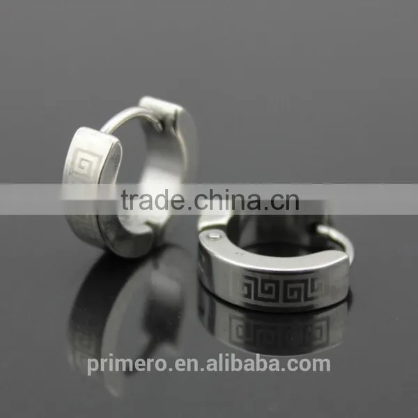 Classic 316L Stainless Steel Small Huggie Hoop Men Great Wall Pattern Silver Black Earrings photo-3