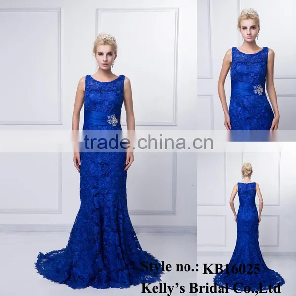 2016 Factory Price Applliqued Luxury Blue Lace Sleeveless Long-length Mermaid Evening Dress