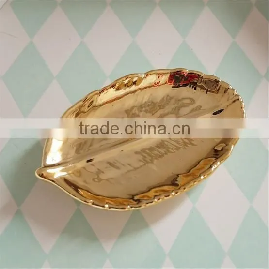 Table Top Decorative Small Ceremic Golden Leaf Tray photo-5
