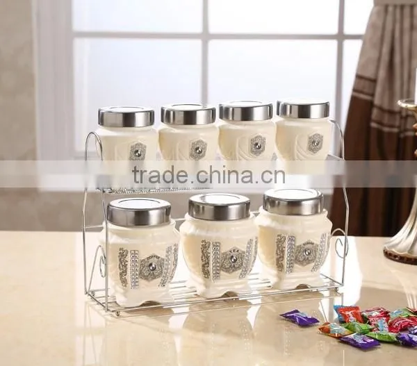 Middle East Style Ceramic Canister Set With Stainless Metal Stand photo-2
