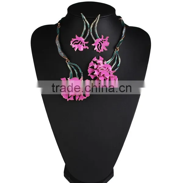 Big Brand New Design Metal Painting Carnations Necklaces Earrings Jewelry Sets for Women photo-3