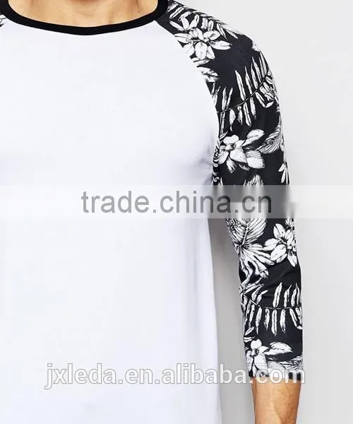 Men Muscle Fit Floral Pattern Print Contrast Long Raglan Sleeve White T-shirt OEM Custom photo-3