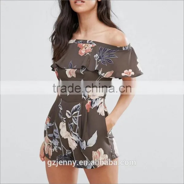 Women Fashion Sexy Dress Custom Summer Beach Wear Floral Off Shoulder Shorts Jumpsuits photo-3