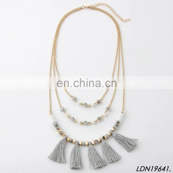Layered Gray Tassel Pendant Gold Necklaces Quartz Beaded Necklace Jewelry photo-2