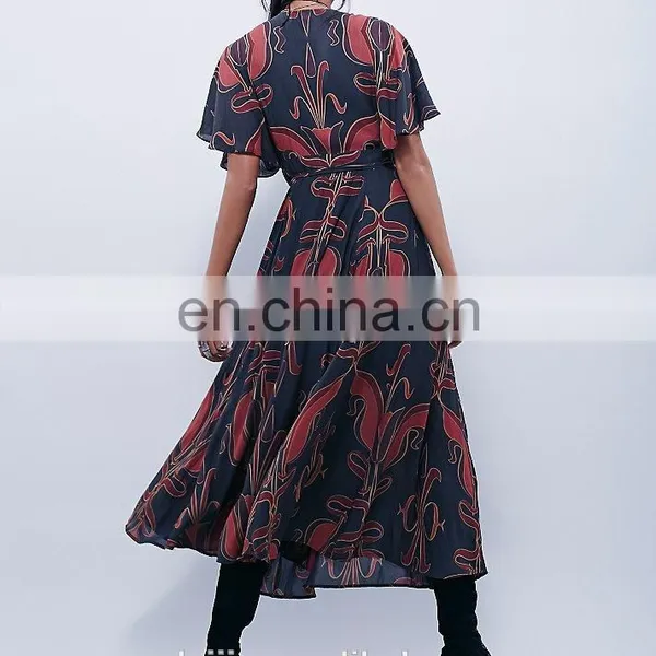 High Quality Deep v Neck Maxi Wrap Dress Lady, Long Print Wrap Dress photo-4