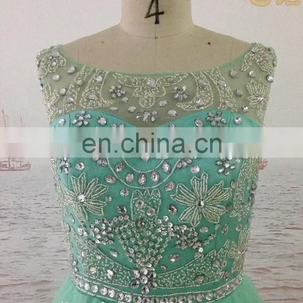 Mint Green Beaded Rhinestones Champagne Color Tulle Long Floor Length High Neck Cap Sleeve Backless Evening Dresses Prom Dress photo-3