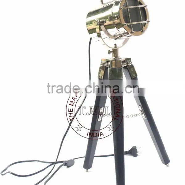 NAUTICAL SPOTLIGHT LAMP ON STAND - NICKEL PLATED SEARCHLIGHT ON WOODEN BLACK TRIPOD STAND